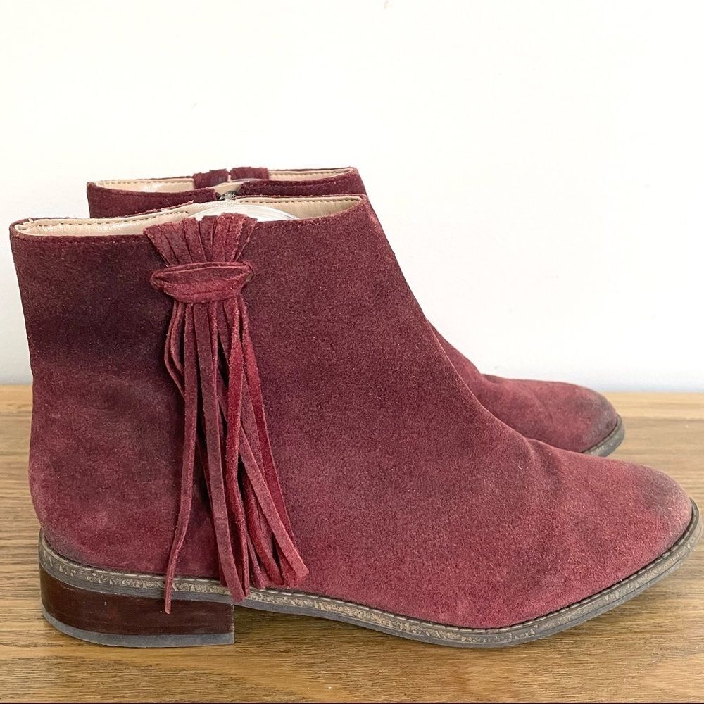 Karl Lagerfeld Paris Burgundy Suede Fringe Ankle Booties • Size 7